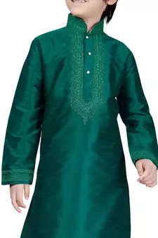 Green embroidered art dupion silk boys-kurta-pyjama