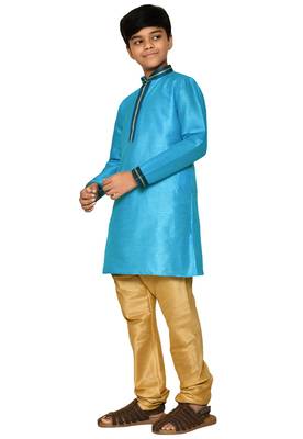 Blue plain art dupion silk boys-kurta-pyjama 1