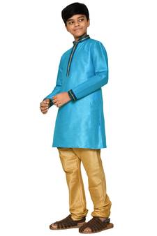 Blue plain art dupion silk boys-kurta-pyjama