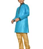 Blue plain art dupion silk boys-kurta-pyjama