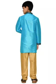 Blue plain art dupion silk boys-kurta-pyjama