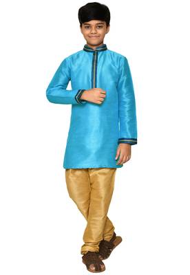 Blue plain art dupion silk boys-kurta-pyjama 4