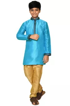 Blue plain art dupion silk boys-kurta-pyjama