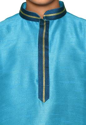 Blue plain art dupion silk boys-kurta-pyjama 5