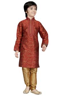 Maroon printed art dupion silk boys-kurta-pyjama