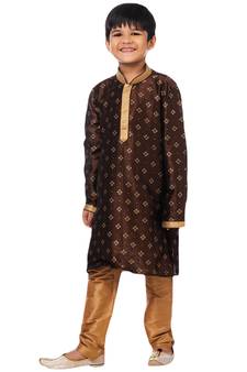 Brown printed art dupion silk boys-kurta-pyjama
