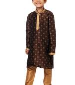 Brown printed art dupion silk boys-kurta-pyjama