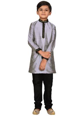 Grey plain art dupion silk boys-kurta-pyjama 1