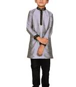 Grey plain art dupion silk boys-kurta-pyjama