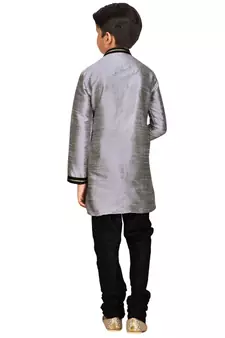 Grey plain art dupion silk boys-kurta-pyjama