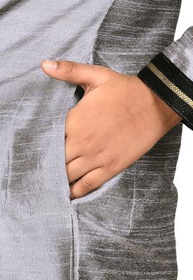 Grey plain art dupion silk boys-kurta-pyjama 3