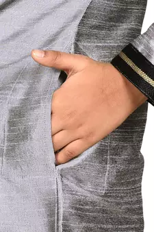 Grey plain art dupion silk boys-kurta-pyjama