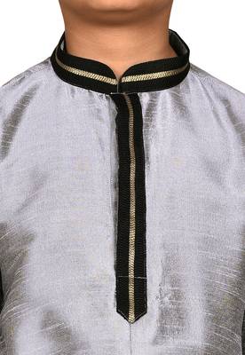 Grey plain art dupion silk boys-kurta-pyjama 4