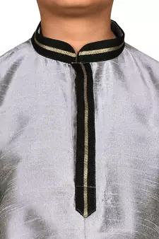 Grey plain art dupion silk boys-kurta-pyjama
