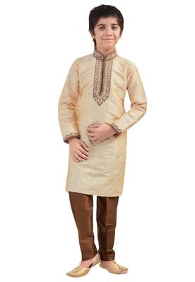 Fawn embroidered art dupion silk boys-kurta-pyjama 1