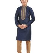 Blue embroidered art dupion silk boys-kurta-pyjama