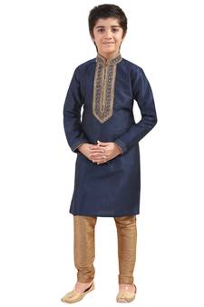 Blue embroidered art dupion silk boys-kurta-pyjama