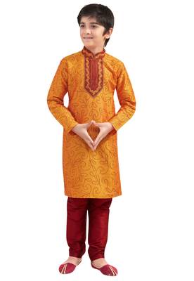 Orange embroidered art dupion silk boys-kurta-pyjama 1