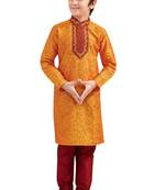 Orange embroidered art dupion silk boys-kurta-pyjama