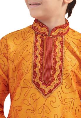Orange embroidered art dupion silk boys-kurta-pyjama 2