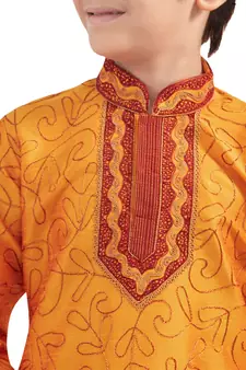 Orange embroidered art dupion silk boys-kurta-pyjama