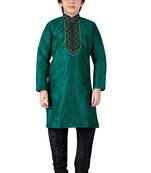 Green embroidered art dupion silk boys-kurta-pyjama