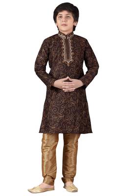 Brown embroidered art dupion silk boys-kurta-pyjama 1