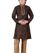Brown embroidered art dupion silk boys-kurta-pyjama