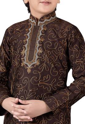 Brown embroidered art dupion silk boys-kurta-pyjama 2