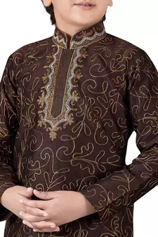 Brown embroidered art dupion silk boys-kurta-pyjama