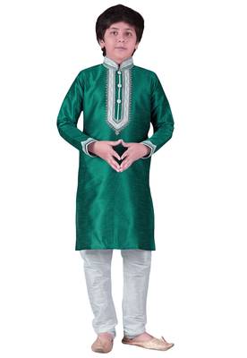 Green embroidered art dupion silk boys-kurta-pyjama 1