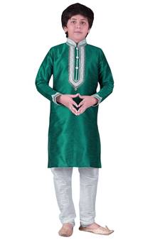 Green embroidered art dupion silk boys-kurta-pyjama