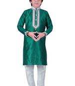 Green embroidered art dupion silk boys-kurta-pyjama