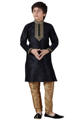 Black embroidered art dupion silk boys-kurta-pyjama 1