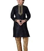 Black embroidered art dupion silk boys-kurta-pyjama