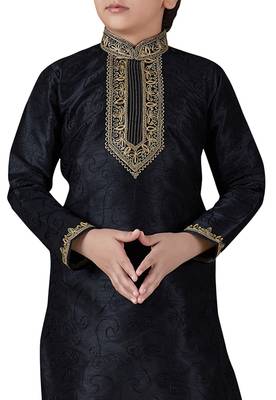 Black embroidered art dupion silk boys-kurta-pyjama 2