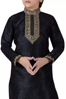 Black embroidered art dupion silk boys-kurta-pyjama
