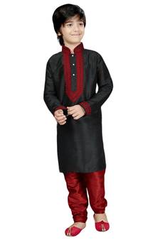 Black embroidered art dupion silk boys-kurta-pyjama