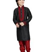Black embroidered art dupion silk boys-kurta-pyjama