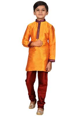 Orange embroidered art dupion silk boys-kurta-pyjama 1