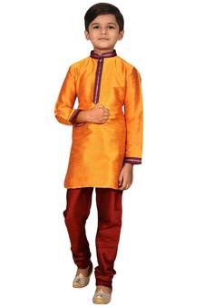 Orange embroidered art dupion silk boys-kurta-pyjama