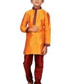Orange embroidered art dupion silk boys-kurta-pyjama