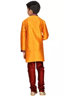 Orange embroidered art dupion silk boys-kurta-pyjama