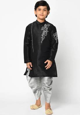 Black embroidered art dupion silk boys-kurta-pyjama 1
