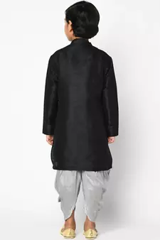 Black embroidered art dupion silk boys-kurta-pyjama