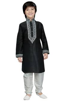 Black embroidered art dupion silk boys-kurta-pyjama