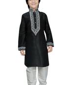 Black embroidered art dupion silk boys-kurta-pyjama