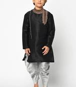Black embroidered art dupion silk boys-kurta-pyjama