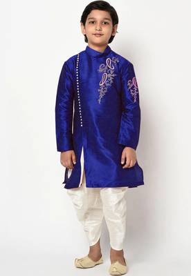 Blue embroidered art dupion silk boys-kurta-pyjama 1