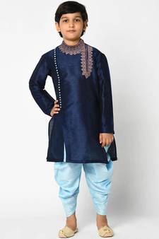 Blue embroidered art dupion silk boys-kurta-pyjama